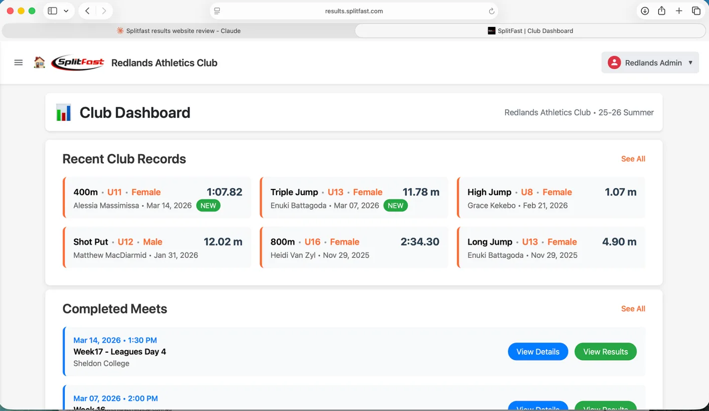 SplitFast Results Portal Club Dashboard showing recent club records, completed meets and upcoming meets